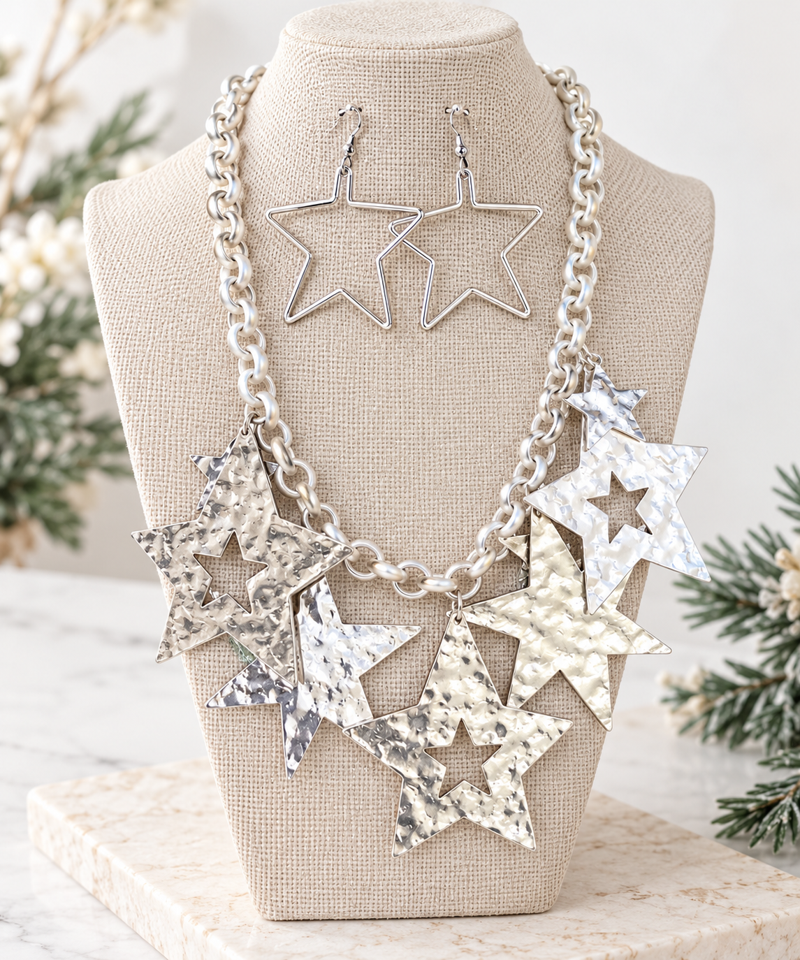 Silver Chunky Star Necklace Set