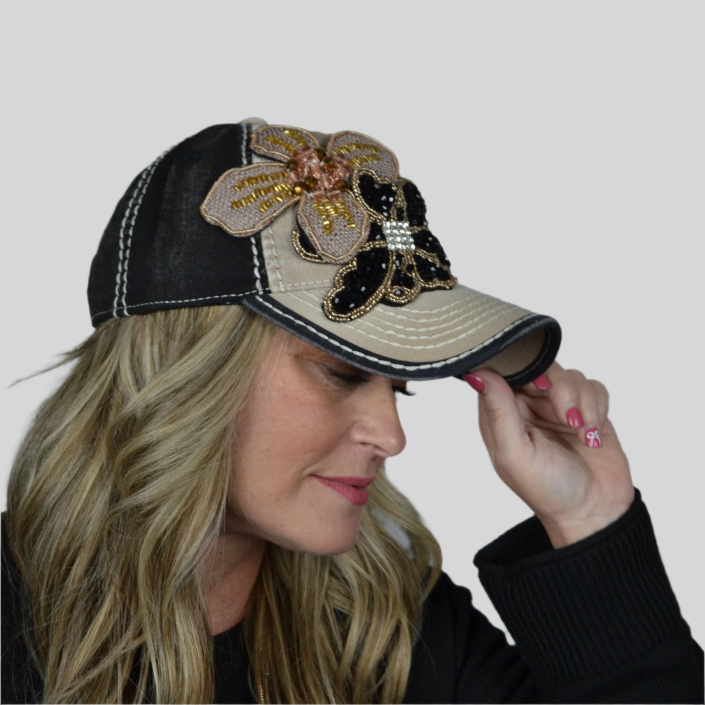 Embellished Cap - Khaki & Black