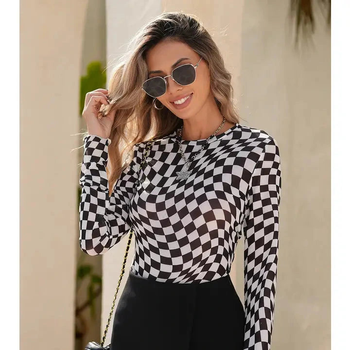 Black Checkered Mesh Top