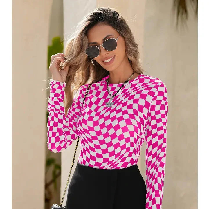 Pink Checkered Mesh Top
