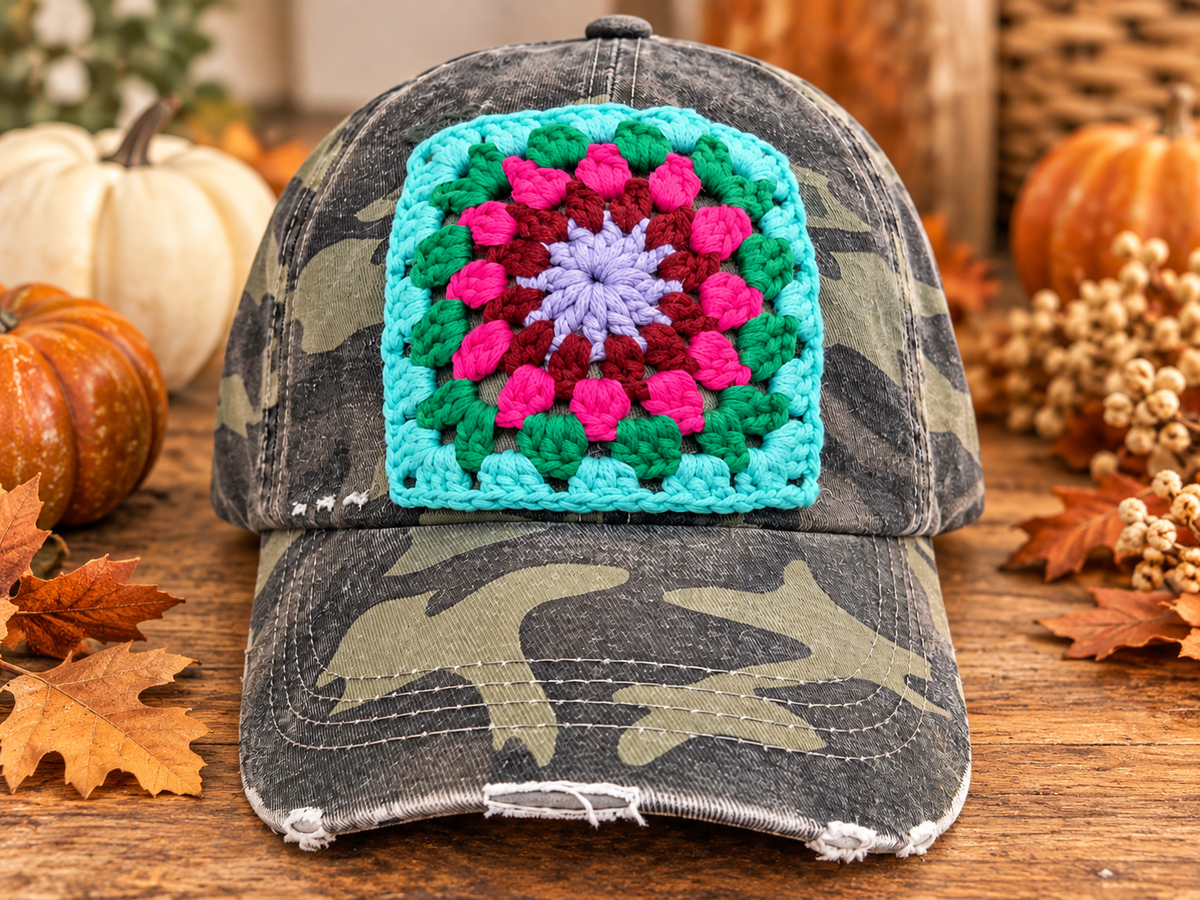 Granny Square Camo Hat (Blue)