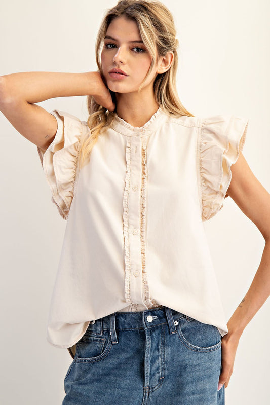 Bone Ruffled Trim Chambray Blouse