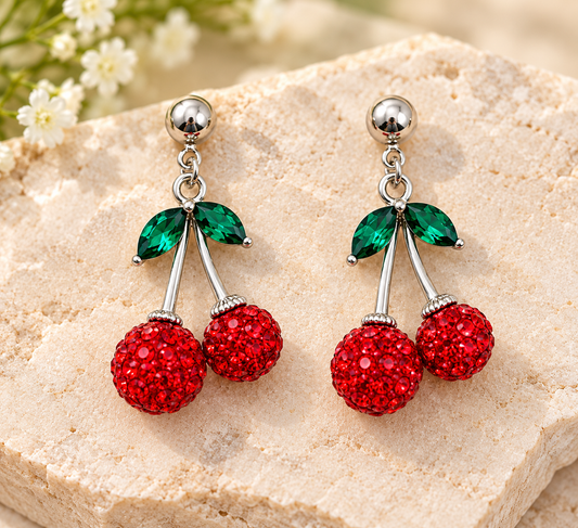 Crystal Cherry Earrings in Silver