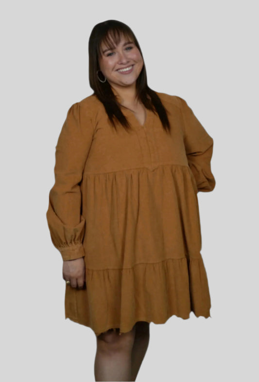 Camel Corduroy Dress in Camel - Curvy