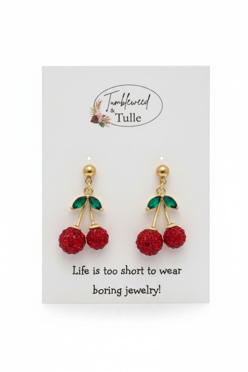 Crystal Cherry Earrings in Gold