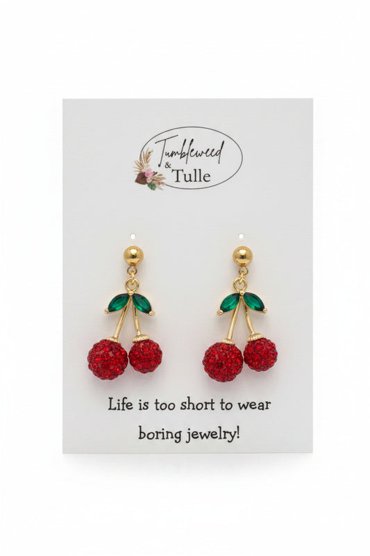 Crystal Cherry Earrings in Gold