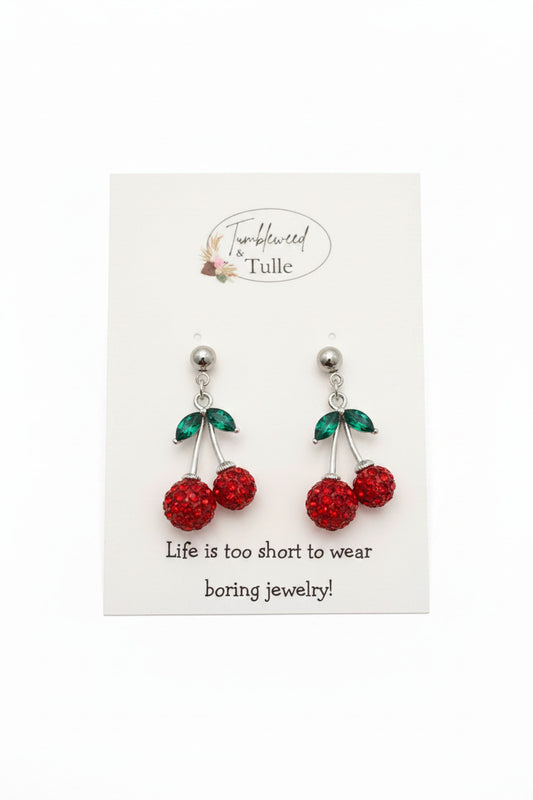 Crystal Cherry Earrings in Silver