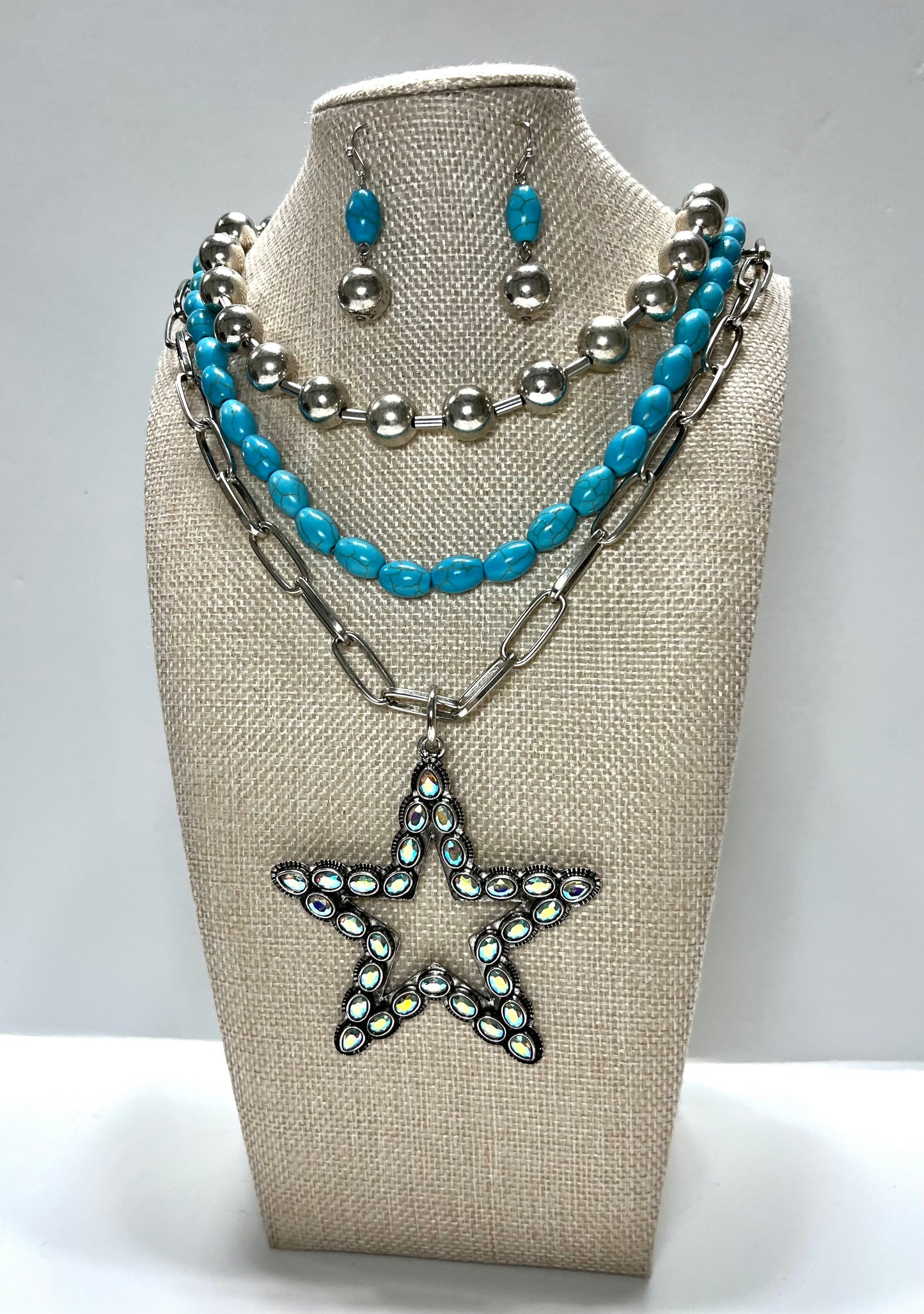 Turquoise & Silver Multi-Strand Necklace Set