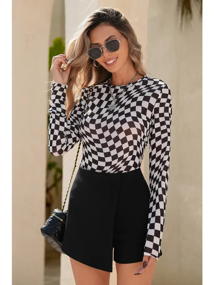 Black Checkered Mesh Top