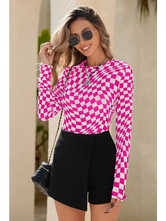 Pink Checkered Mesh Top